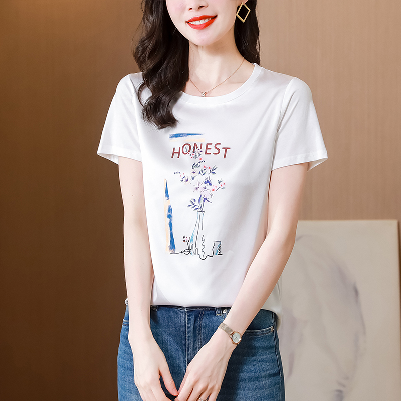 實拍2024夏裝新款時髦真絲桑蠶絲抽象花瓶印花T恤女顯瘦上衣服