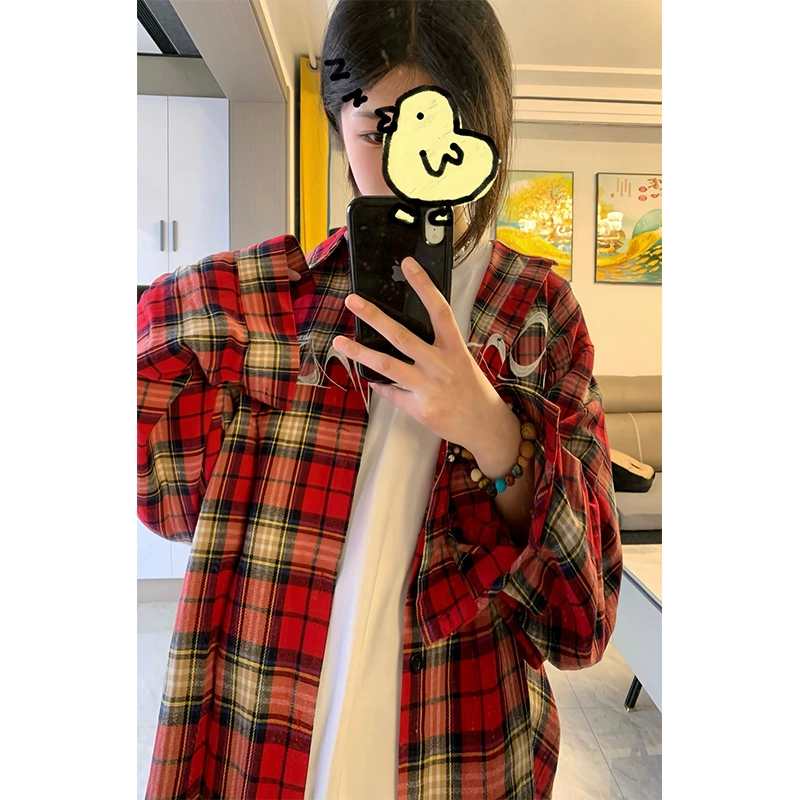 美式紅色格子襯衫女長袖寬鬆春秋高街設計感小眾薄款襯衣外套