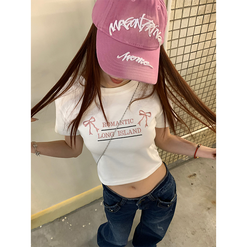 實拍  美式復古短袖t恤女2024韓系修身掐腰短款上衣