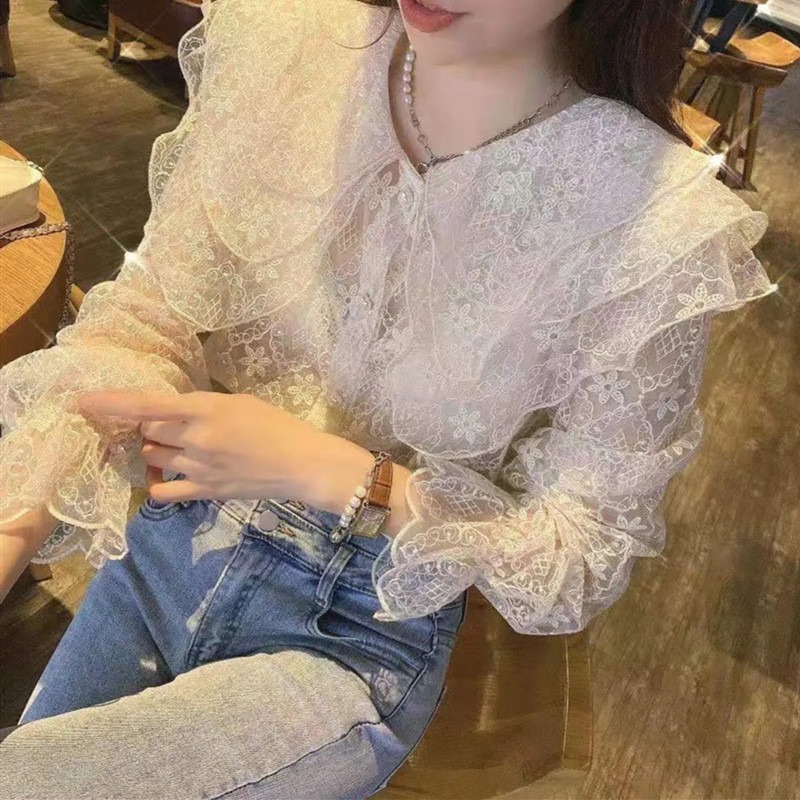 韓國東大門早秋新品娃娃領花邊襯衫女小眾法式甜美蕾絲內搭打底衫