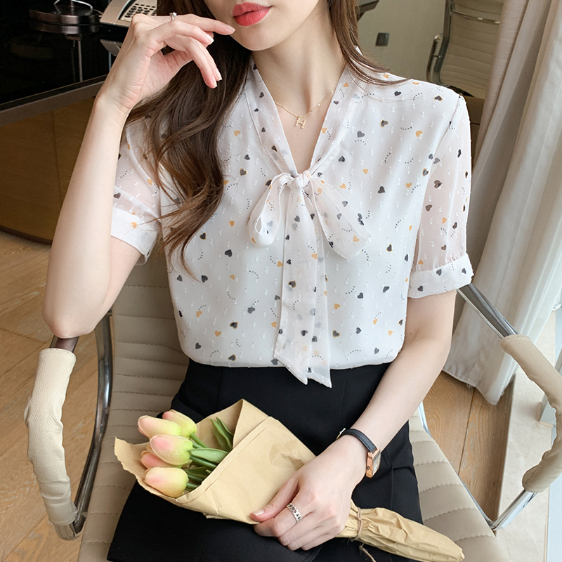 實拍~白色碎花雪紡衫女蝴蝶結小衫2024夏季新款遮肚顯瘦上衣