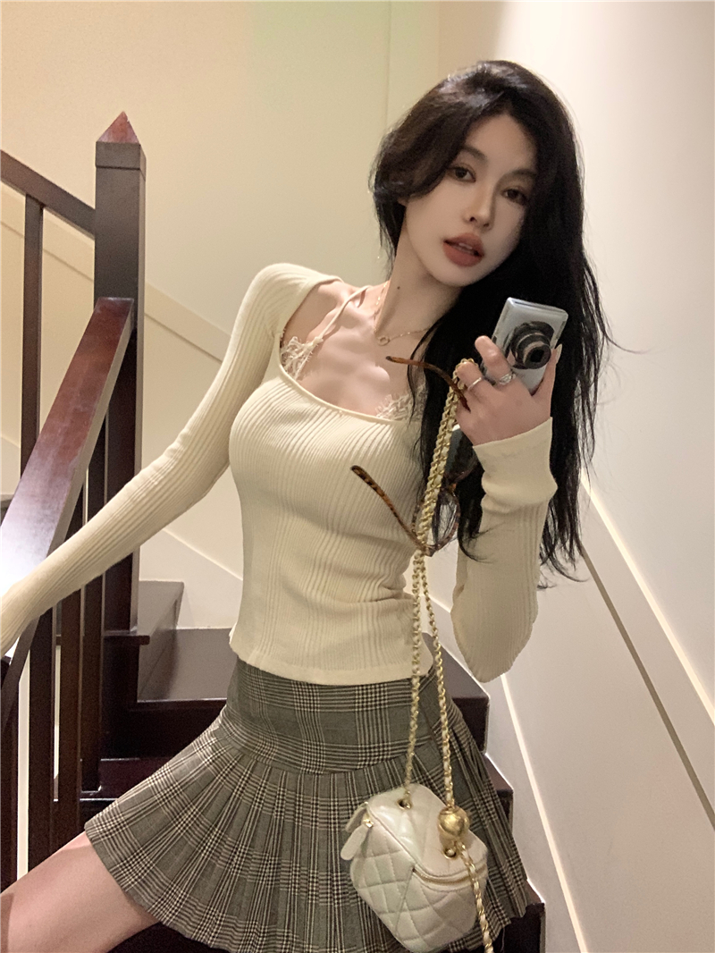 實拍 假兩件針織衫女春季新款蕾絲拼接短款修身長袖上衣