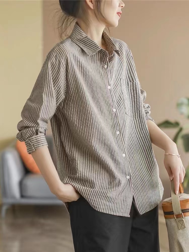 復古棉麻條紋長袖襯衫女新款2024年春季襯衣寬鬆大碼休閒百搭上衣