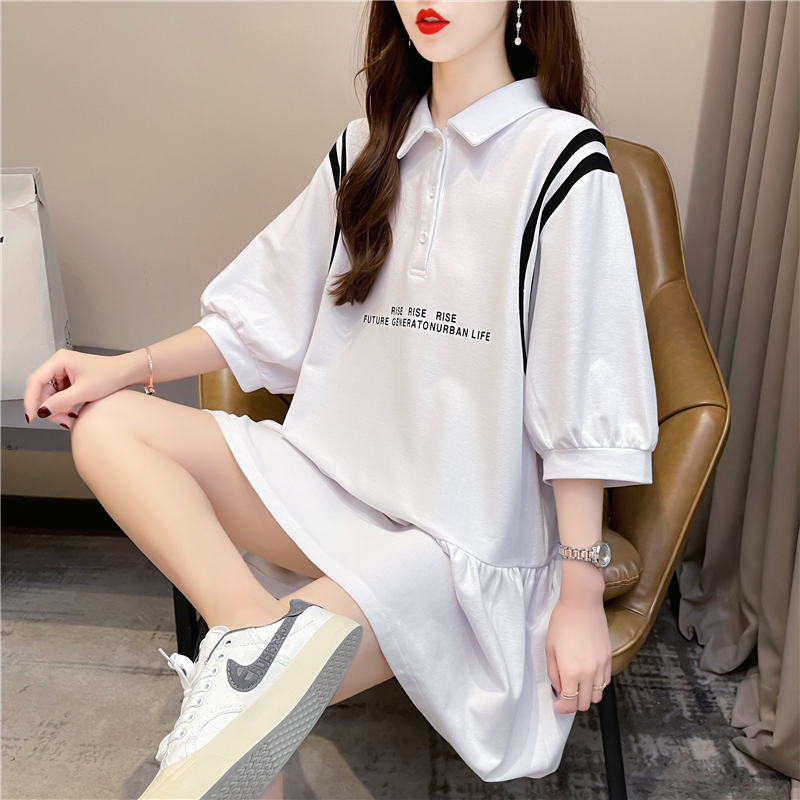 實拍 夏裝韓版寬鬆圓領蝴蝶結中長款大碼短袖連衣裙T恤裙女
