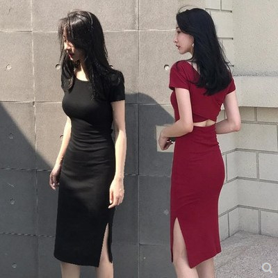 韓版ins包臀裙性感中長款開叉短袖露背打底連衣裙女