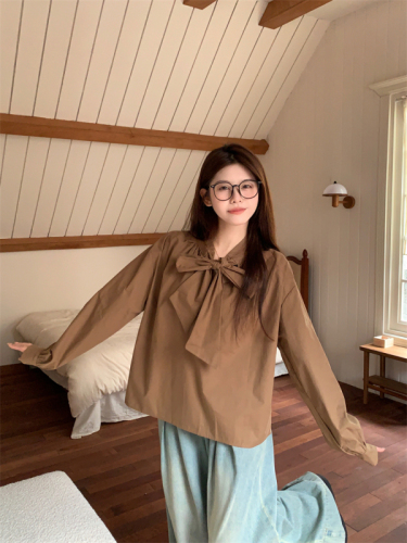 实拍春季韩版法式纯色设计感小众绑带蝴蝶结长袖百搭衬衫上衣