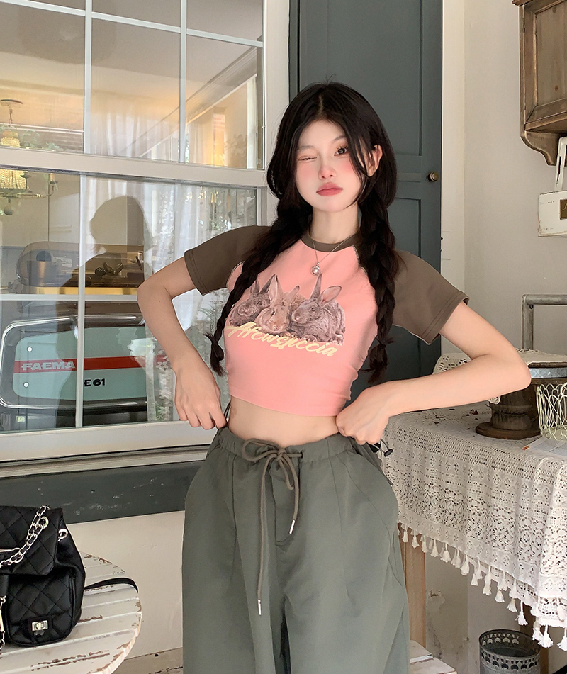 實拍  美式拼色正肩短袖t恤女夏季修身顯瘦辣妹短款上衣