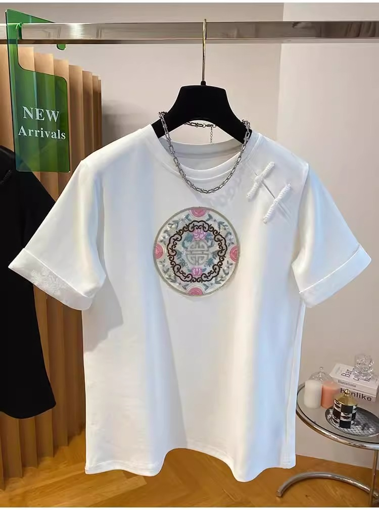 純棉2024新款中國風簡約短T恤女盤扣袖寬鬆圓2領新中式打衫上衣