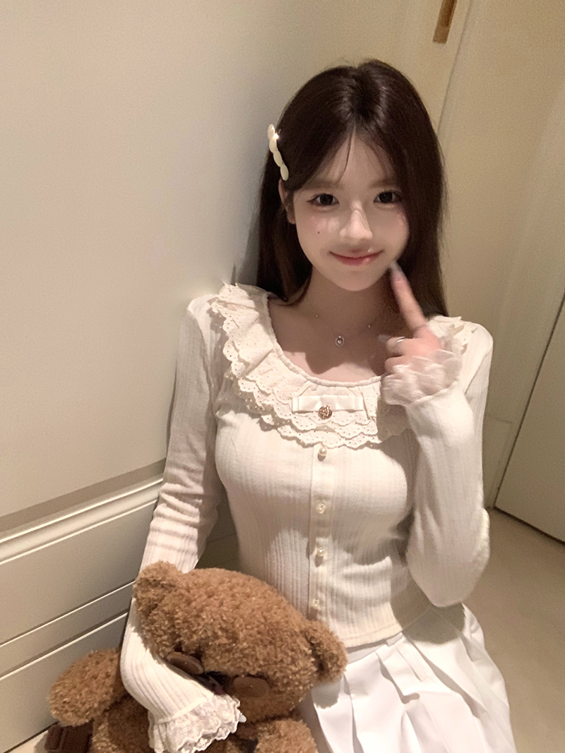 實拍  芭蕾風T恤女設計感純欲蕾絲內搭甜辣妹短款上衣