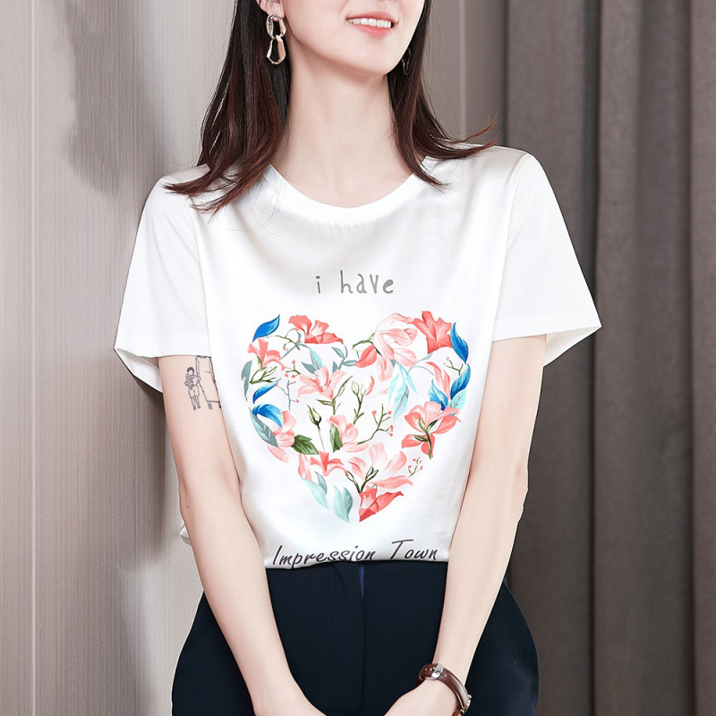 重磅真絲T恤女短袖愛心花卉印花2024夏季新款拼接緞面桑蠶絲上衣