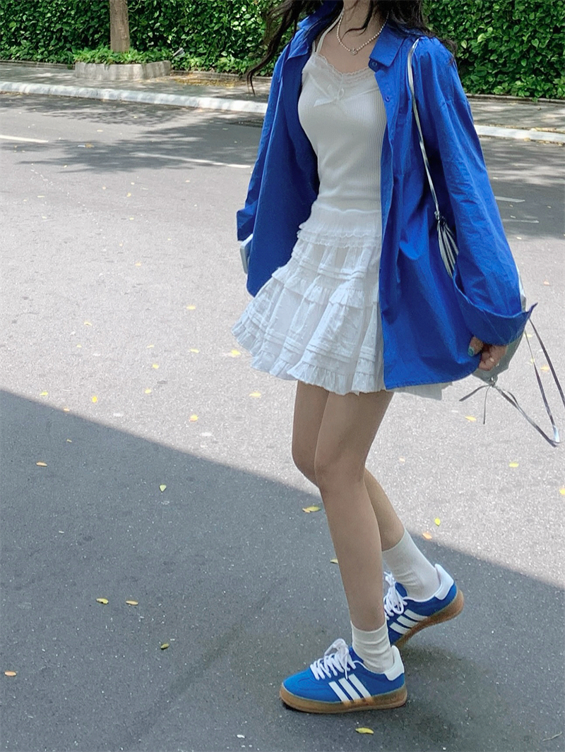 實拍#藍色襯衫女春夏設計感小眾寬鬆疊穿長袖襯衣外套上衣