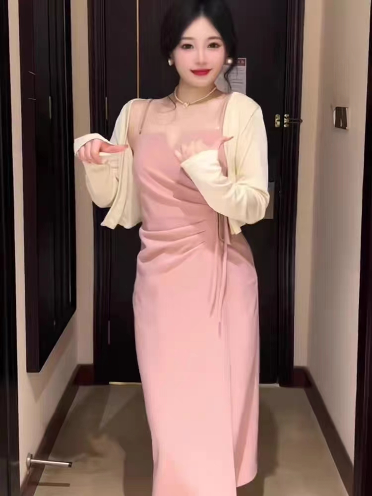 大碼開衫吊帶連衣裙女生夏季新款微胖mm性感遮肚顯瘦套裝
