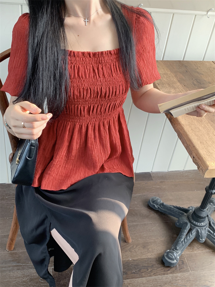 B020 real shot~large size summer French ear-hemmed shirt short-sleeved slim puff-sleeved short top