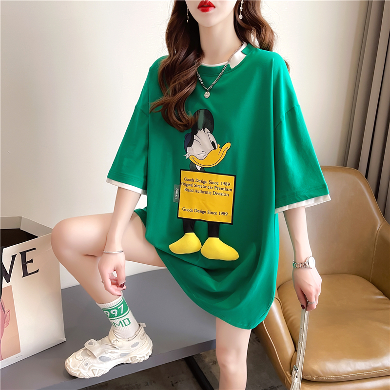 實拍 夏裝新款韓版圓領刺繡寬鬆中長款大碼女裝短袖t恤女
