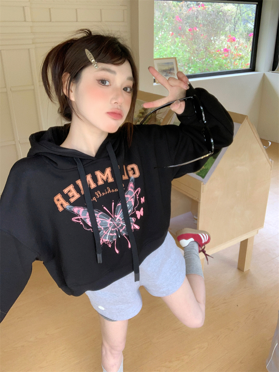 實拍  原chuang設計感寬鬆顯瘦短款蝴蝶連帽衛衣