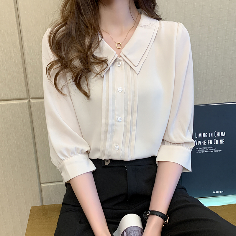 實拍~雙層娃娃領襯衫女設計感小眾2024夏新款韓版五分袖雪紡衫