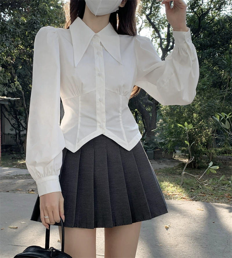 White puff sleeve long sleeve jk shirt for women spring and autumn inner layering shirt irregular waist slim fit short top