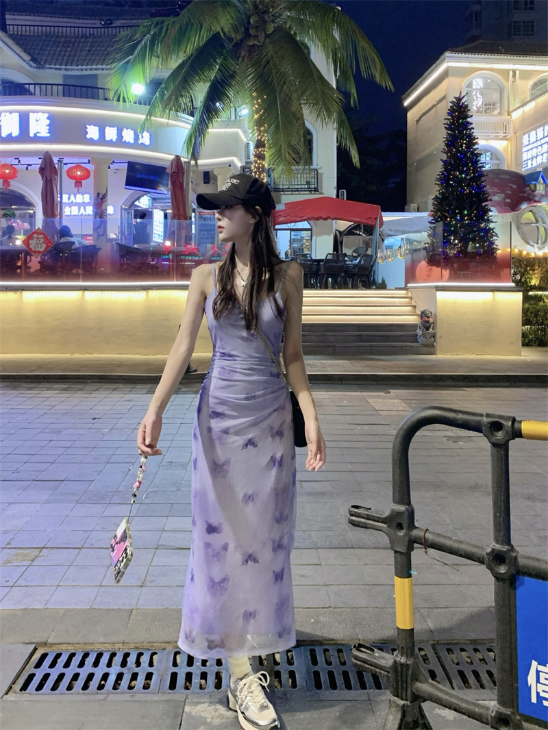 實拍 復古夢境蝴蝶彈力網紗蝴蝶印花抽繩設計吊帶連衣裙