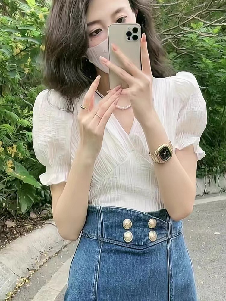 原版材質V領泡泡袖雪紡絕女夏季設計感小眾高級感白色法式掐腰