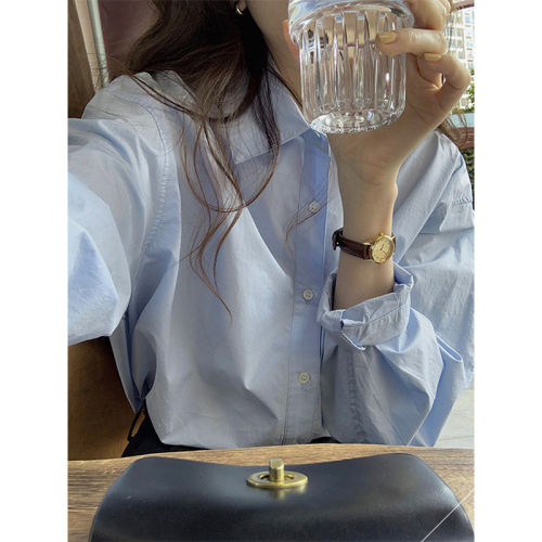 Pure cotton gentle blue shirt for women in spring and autumn Korean design layered loose and versatile long-sleeved shirt