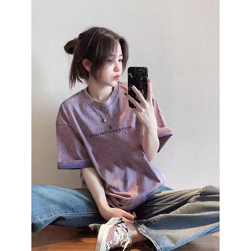 230克純棉包領 春夏季美式復古寬鬆大碼上衣印花水洗做舊短袖T恤