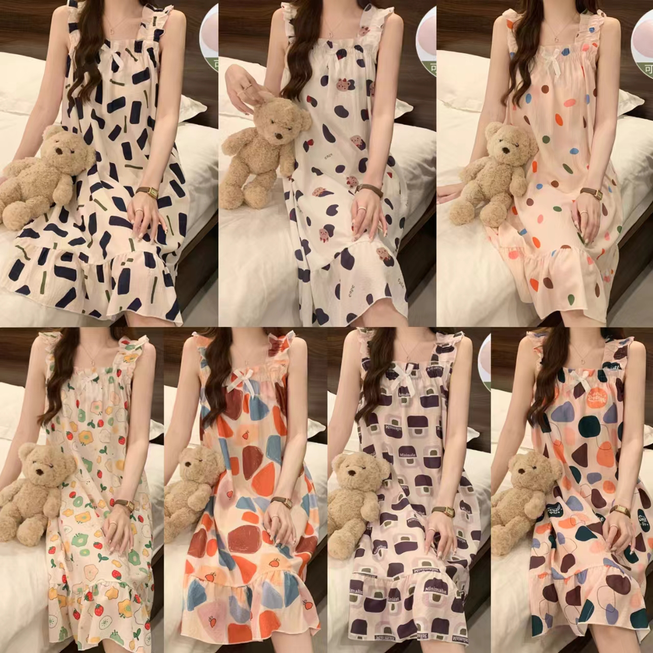 夏季吊帶睡裙帶胸墊梭織泡泡棉少女韓版甜美可愛中長款睡衣家居服
