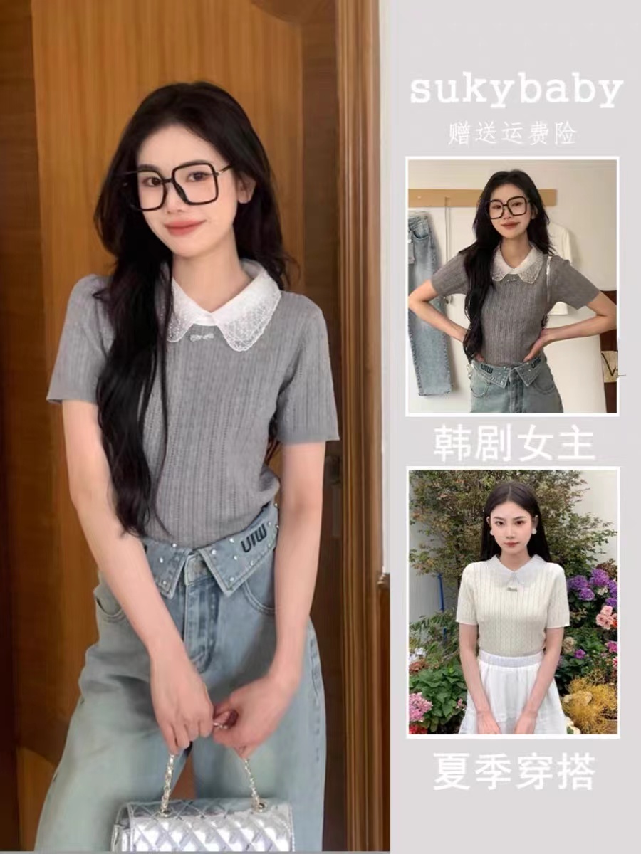 灰色娃娃領正肩短袖t恤女夏季設計感小眾修身超好看短款針織上衣