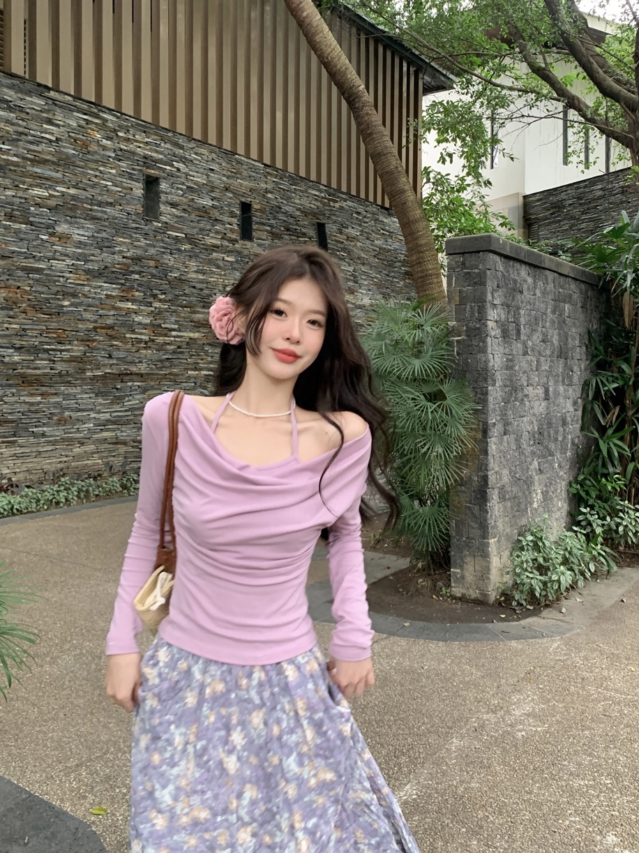 實拍 純欲掛脖修身顯瘦假兩件+碎花小眾壓褶垂感顯瘦半身長裙