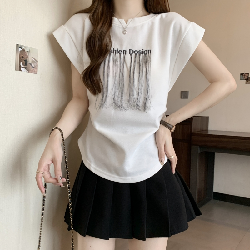 實拍 棉珠地2024夏裝刺繡流蘇短袖T恤女飛飛袖坎肩背心設計感上衣