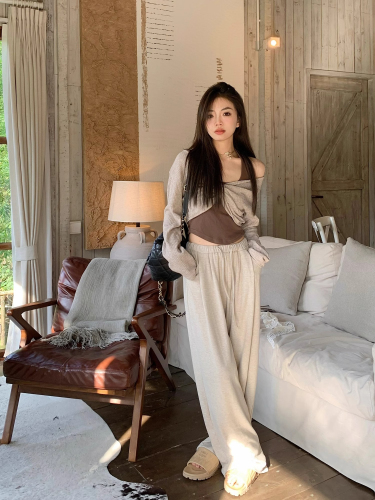 Original fabric live streaming high-waisted glutinous rice pants, shivering pants 2024 solid color wide-leg pants straight-leg long pants