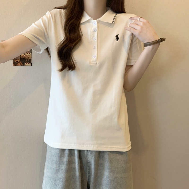 實拍 40支純棉 2024夏裝刺繡polo領條紋短袖T恤女白色Polo衫