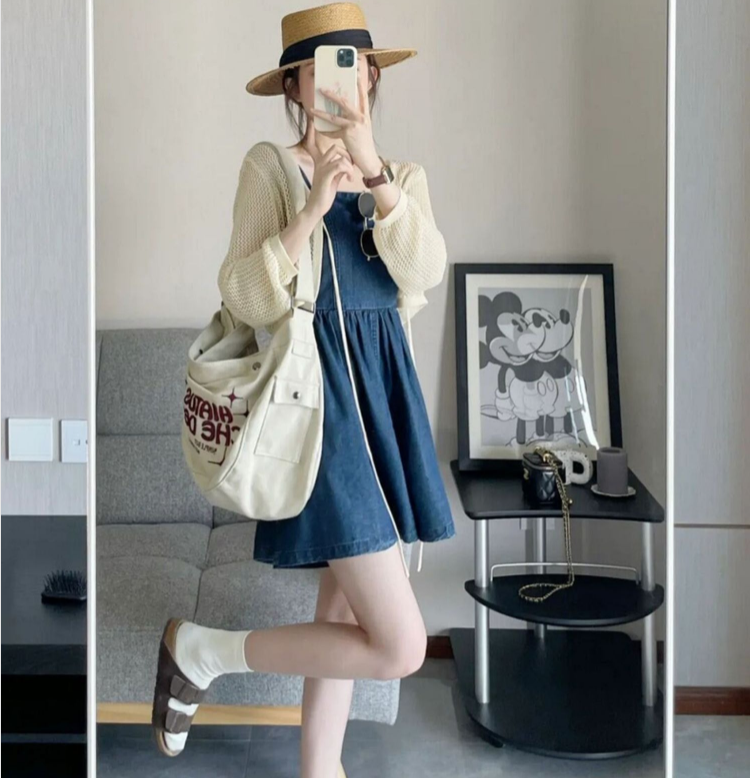 2024夏裝新款大碼女裝韓版法式小個子牛仔吊帶連衣裙M-5XL200斤