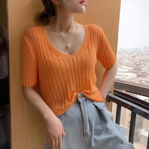 韩风chic镂空v领冰丝针织衫短袖t恤女夏季薄款bm露脐高腰短款上衣