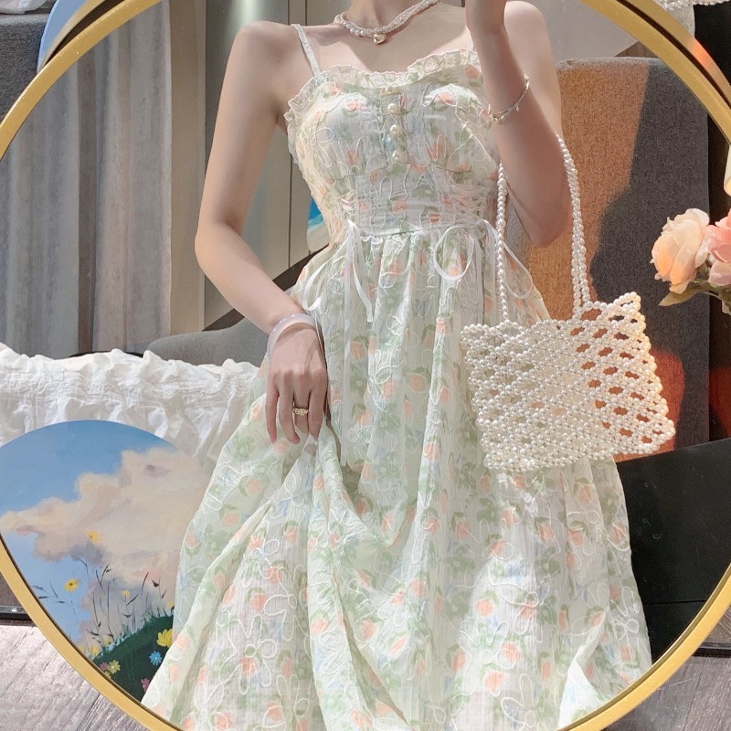 法式溫柔風奶甜碎花吊帶連衣裙女夏季小個子浪漫森系超仙收腰長裙