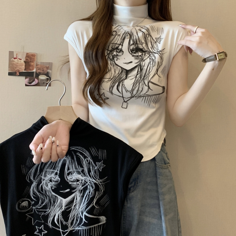 Real shot of pure cotton American hot girl white half turtleneck bottoming shirt female beauty printed t-shirt slim American top ins