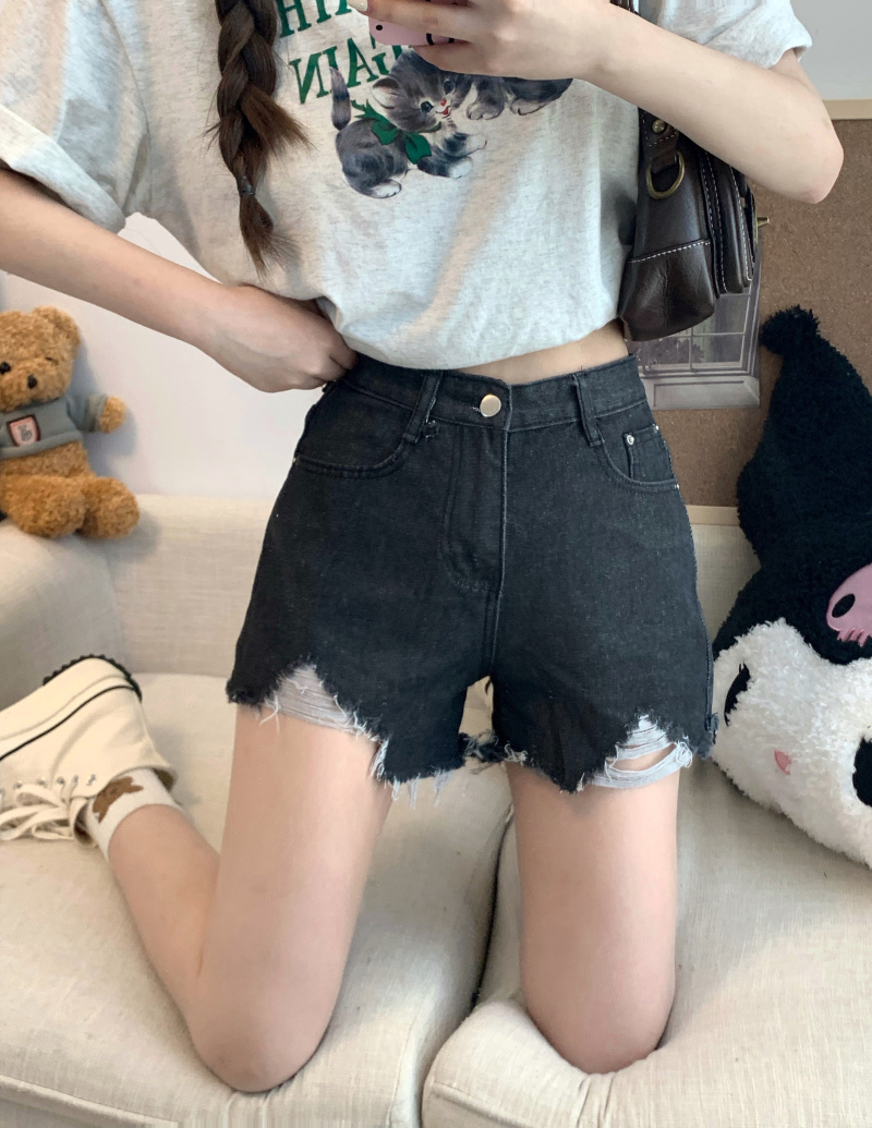 Real shot of denim shorts, high elastic, A-line, high waist, tight, slimming, internet celebrity hot pants, short style