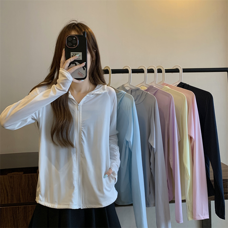 實拍 新款夏季防紫外線透氣薄款冰絲連帽百搭防曬服上衣女