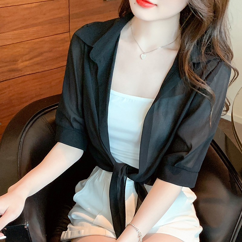 已出貨2024春夏季薄款系帶小披肩外套女防曬衣百搭短款雪紡開衫潮