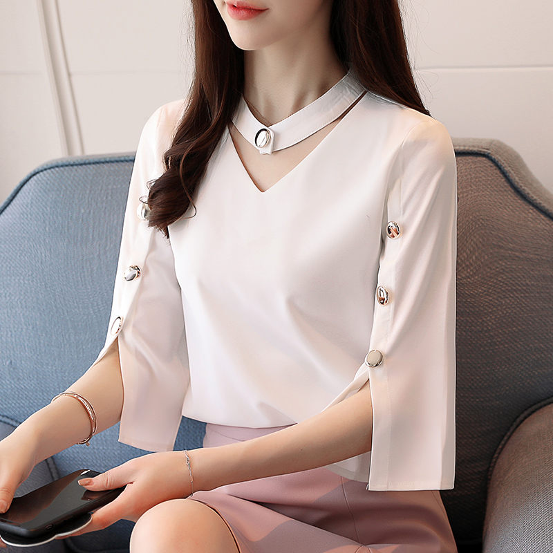 2024夏裝新款V領雪紡衫女設計感小眾亮扣純色寬鬆短袖上衣女