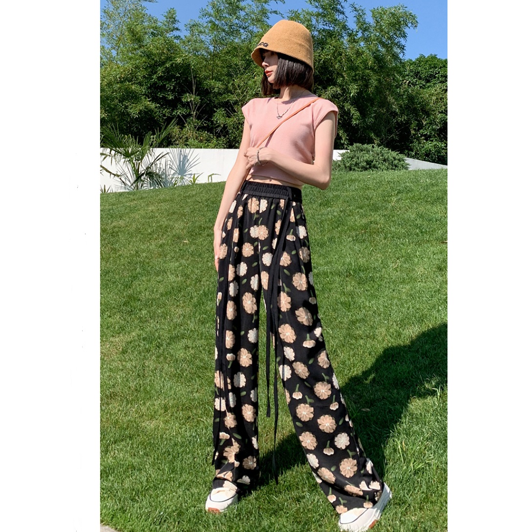 Ribbon wide-leg pants for women 2024 new summer ice silk chiffon high-waisted straight summer thin floral pants trendy trousers