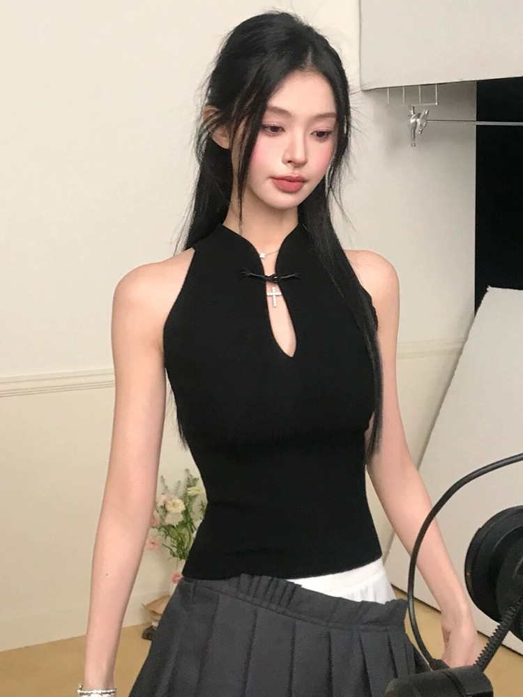 新中式灰色鏤空無袖針織背心女外穿夏季短款內搭修身辣妹打底上衣