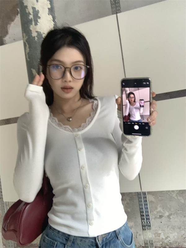 實拍~ 韓版純欲蕾絲拼接長袖上衣t恤
