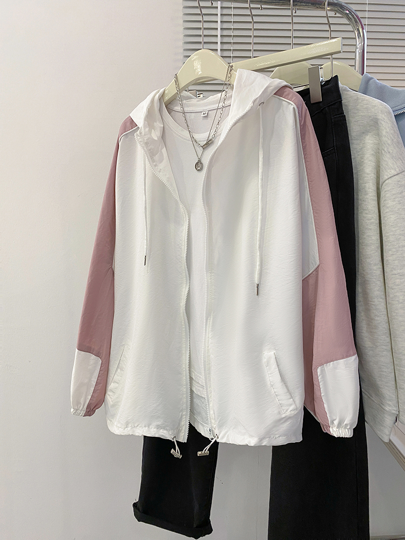 | Real shot | Summer loose casual contrast color versatile thin zipper cardigan sun protection jacket for women