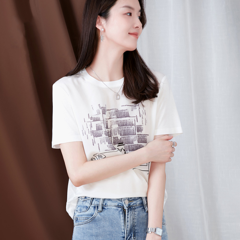 真絲T恤女短袖前後拼接抽象印花小衫2024夏季新款圓領桑蠶絲上衣
