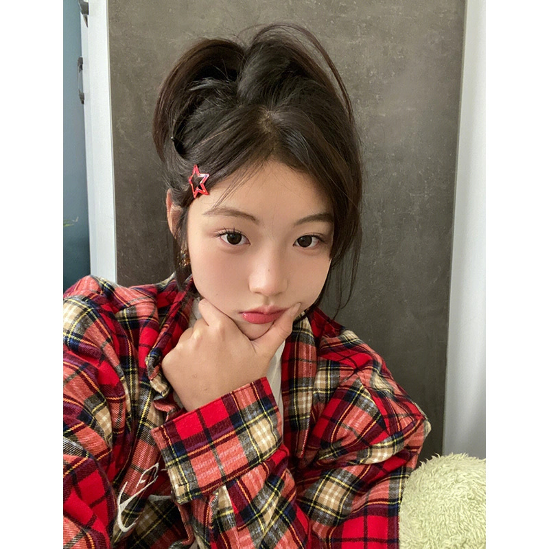 ins trendy brand niche red plaid shirt women's long-sleeved spring and autumn American retro thickened brushed casual jacket trendy