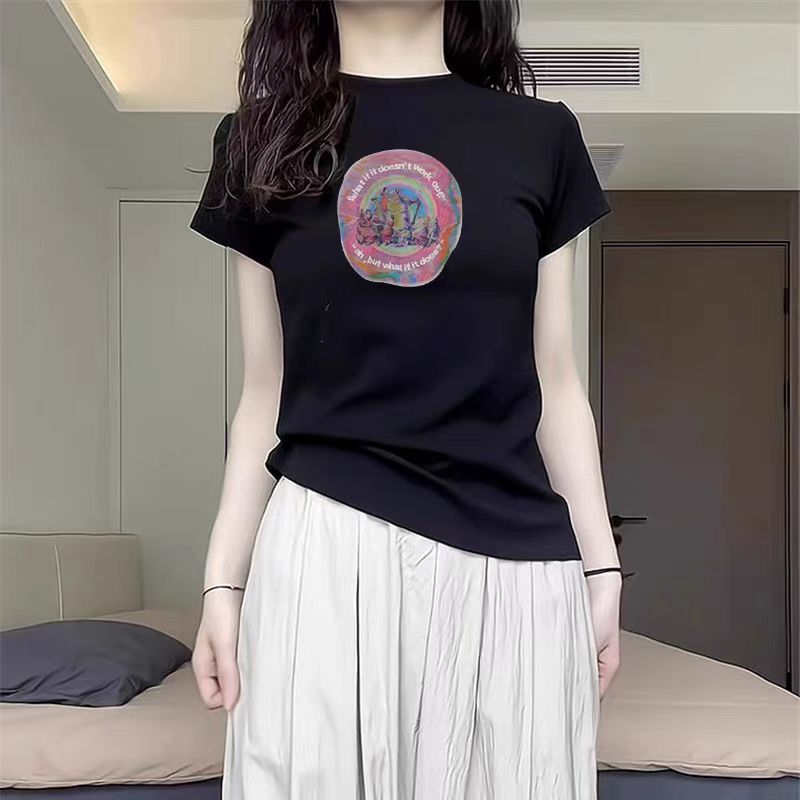 印花正肩短袖t恤女夏季夏新款小眾美式純棉顯瘦體恤上衣