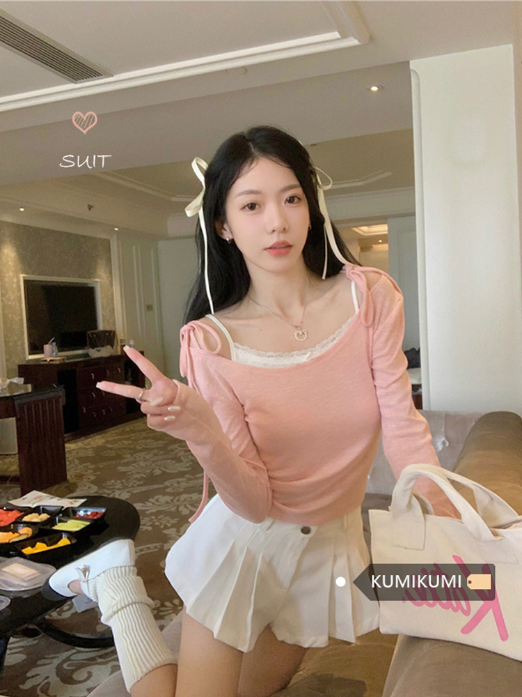 假兩件坑條彈力芭蕾減齡顯瘦上衣女2024內搭打底衫短款長袖T恤
