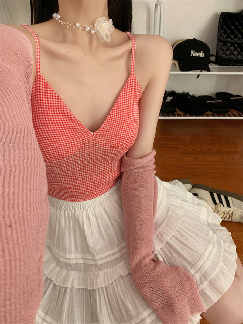 Actual shot of spring and summer dopamine plaid V-tie padded vest + sun protection blouse + versatile cake skirt
