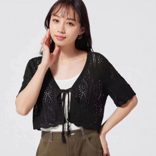 韩版冰丝复古V领镂空系带短袖针织开衫上衣