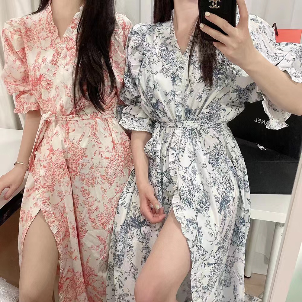 韓國新款夏季愜意田園風荷葉邊碎花睡裙開衫系帶睡袍婚嫁姐妹袍